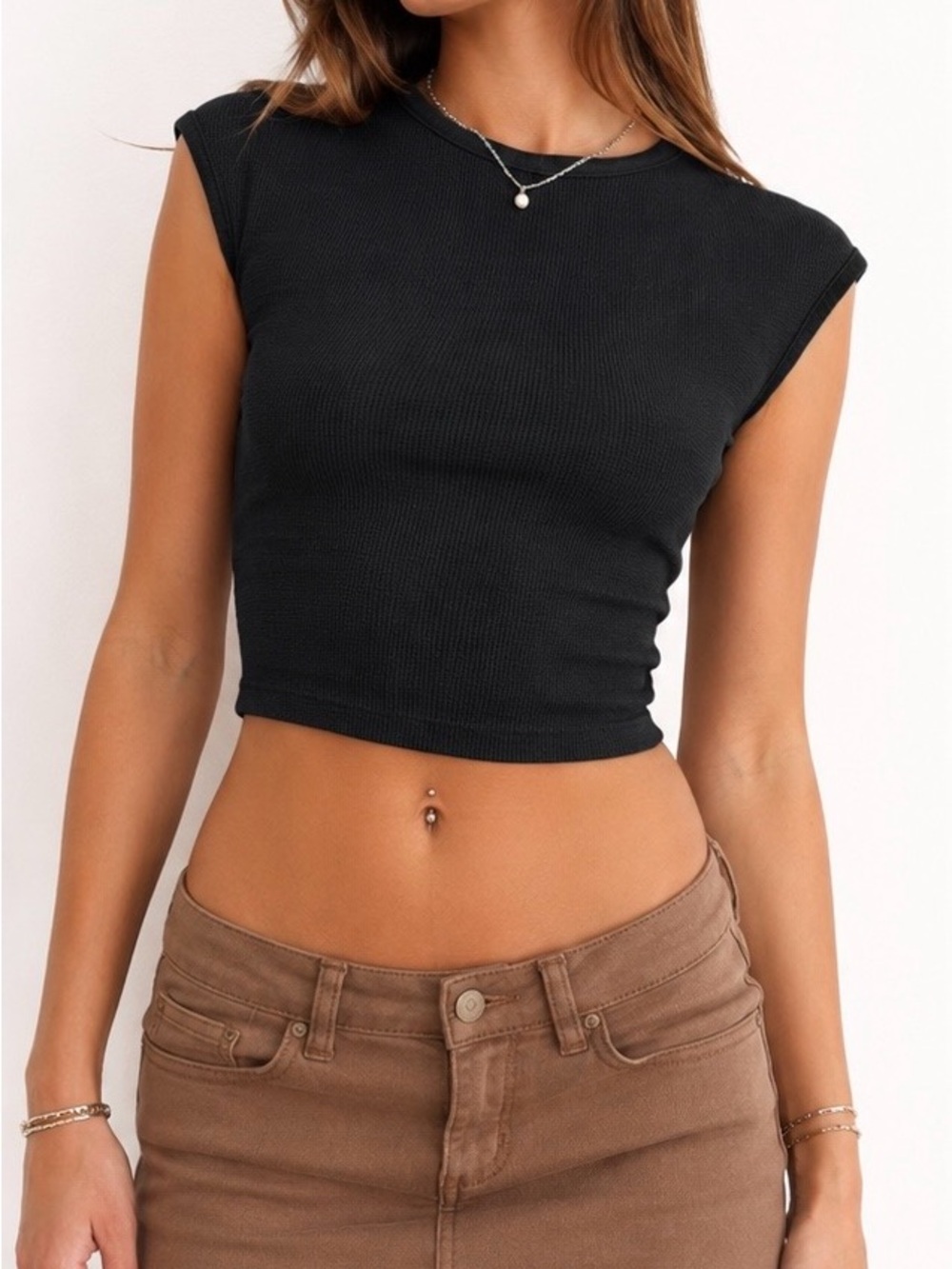 Vintage Hard Tail Forever Black Waffle Knit Fitted Crop Top USA Small Y2K